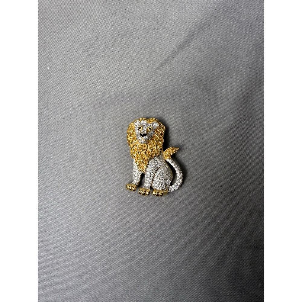 Swarovski Swan Signed 22K Gold Plated Pave Clear & Amber Crystal Lion Brooch Pin